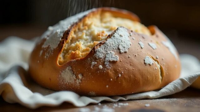 Video Fresh bread sitting on a cloth with a rustic background