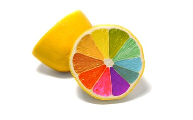 Rainbow Citrus Slice on White &mdash; Colorful Lemon Wedge with Multicolored Segments