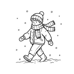 Boy walking in snow winter outline illustration
 