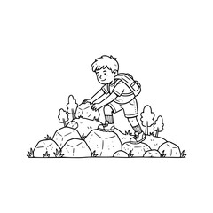 Boy hiking on mountain outline illustration
 
