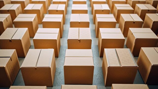 Numerous cardboard boxes are neatly arranged in rows within a spacious warehouse. The scene captures the organization and preparation for logistics and delivery operations.