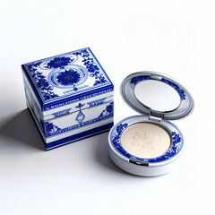 Puderbox aus Porzellan mit blauer floraler Verzierung und Spiegel
