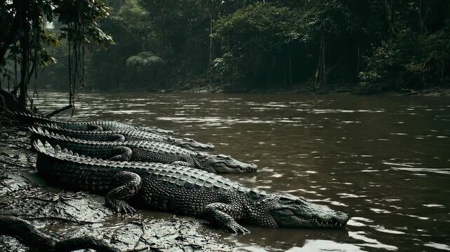 Crocodiles resting along the riverbank in a tropical forest