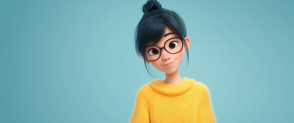 Cute 3D Asian Girl with Glasses in Yellow Sweater on contrast Background