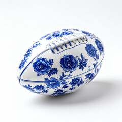 Rugbyball aus Porzellan mit blauer Blumenverzierung auf weißem Hintergrund
