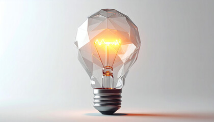 Low-poly light bulb with faceted transparent polygons and glowing filament isolated on white background for modern 3D design, geometric lighting art, and digital innovation visuals