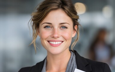 Vibrant businesswoman smiling for the camera while holding documents in a bright office setting