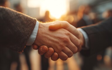 Diverse group of professionals engaging in a confident handshake with warm tone environment