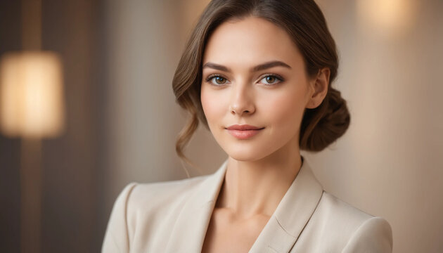 Portrait d&rsquo;une femme &eacute;l&eacute;gante et confiante &agrave; l&rsquo;allure naturelle. Charme, mannequin, mod&egrave;le, &acirc;ge m&ucirc;re, chignon, belle, jolie.