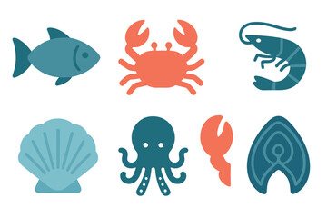 Fototapeta premium Modern flat graphic style set of aquatic animals and edible seafood symbols