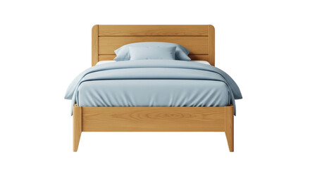 Isolated wooden bed with headboard and blue bedding against a seamless backdrop