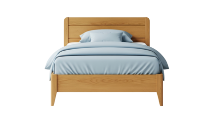 Isolated wooden bed with headboard and blue bedding against a seamless backdrop