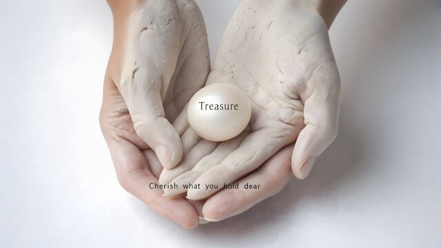 Hands gently holding a white pearl with the word Treasure