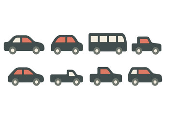 Simple stylized set of eight transportation vehicles including cars, bus, and pickup trucks