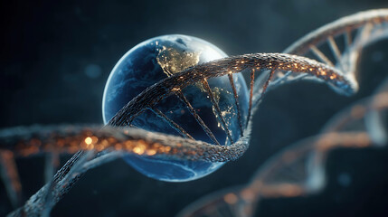 Abstract render of earth inside a glowing DNA