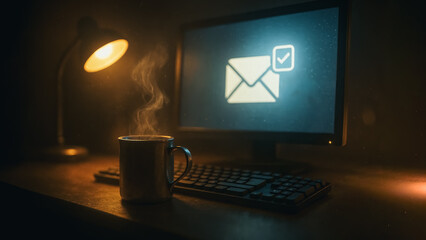 A dimly lit scene depicting the cozy ambiance of a desk setup, featuring a cup of steaming coffee, a computer displaying an email notification, and a desk lamp casting a warm glow.