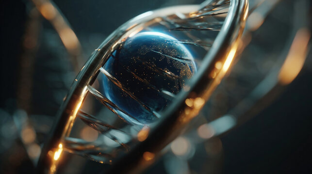 Abstract render of earth inside a glowing DNA