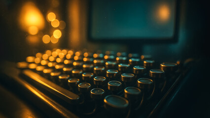 A vintage typewriter keyboard commands attention in a dimly lit setting, with the keys illuminated, hinting at stories waiting to be penned.