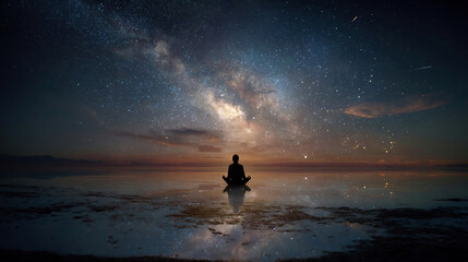 person on the rock outdoors meditating or praying at night under the Milky Way and full Moon