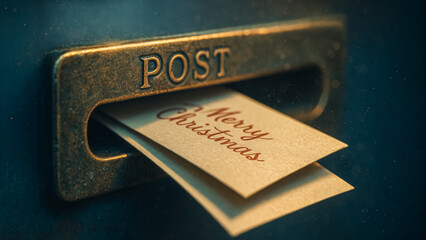 A vintage metal mailbox slot reveals a handwritten 'Merry Christmas' note, conveying festive season joy.