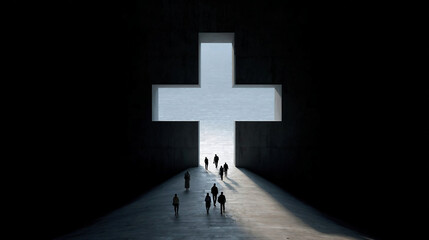 People walking towards a huge cross passage