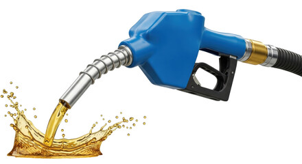 Isolated fuel nozzle pumping gas, liquid fuel pouring from the nozzle, splash and drops