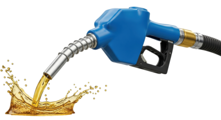 Isolated fuel nozzle pumping gas, liquid fuel pouring from the nozzle, splash and drops
