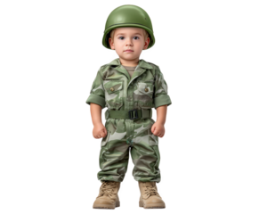 Young boy in camouflage uniform, green helmet, and tan boots stands confidently, evoking sense of bravery and innocence, isolated on transparency background