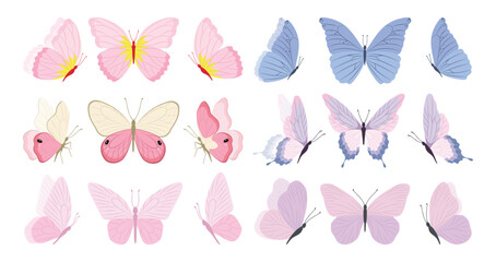 Butterfly collection. Colorful illustration. Butterflies clipart set. Baby shower design elements. Party invitation, birthday celebration. Spring, summer decoration. Pink yellow red wings