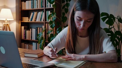 A focused woman studies at a desk with a laptop and books. The side angle captures a cozy, academic atmosphere, ideal for educational video content.