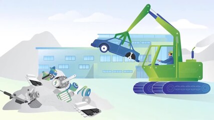 Animated excavator collecting scrap metal for recycling in industrial environment showing eco sustainability - Powered by Adobe