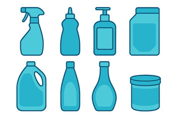 Set of eight blue icons for household cleaning and liquid product containers