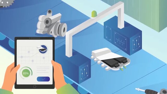 Animated engineer controlling robotic arms using tablet device in smart manufacturing automation concept