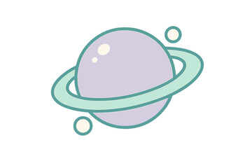 Cute cartoon planet with rings and orbiting moons icon