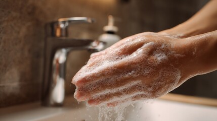 Fototapeta premium Hands washing with soap at bathroom sink in modern setting, concept represents cleaning or personal care 