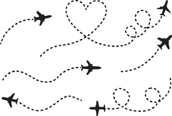 Airplane icon set flight and travel transport symbols with line trace design, aviation vector illustration for trip and tourism concept EPS