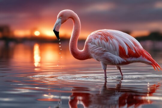 Pink flamingo wading in water at sunset - Powered by Adobe