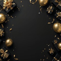Elegant black and gold holiday gifts and ornaments on dark background