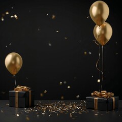 Golden balloons and gifts with confetti on black background