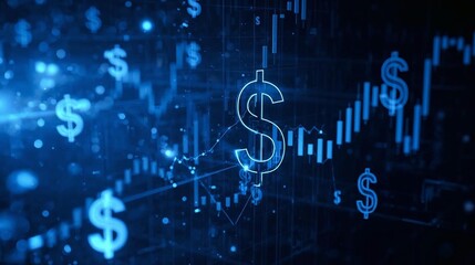 Digital blue dollar signs and stock market data visualized