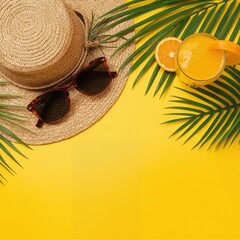 Summer vacation essentials straw hat sunglasses orange juice and palm leaves