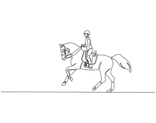 Continuous line drawing of man riding horse. Single line illustration of man ride horse. Equestrian concept. Editable outline