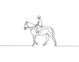 Continuous line drawing of man riding horse. Single line illustration of man ride horse. Equestrian concept. Editable outline