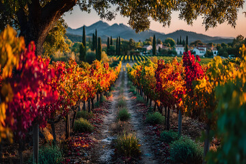 Fototapeta premium Autumn Vineyard Landscape with Vibrant Foliage in a Picturesque Countryside Setting
