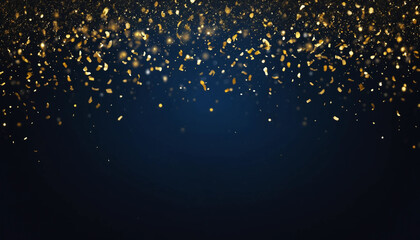 Fond bleu nuit avec paillettes dorées et confettis lumineux pour les fêtes, nouvel an, Noël, célébration, félicitations.