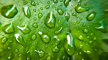 A close-up of a green leaf with large water drops after rain. Macro photography.