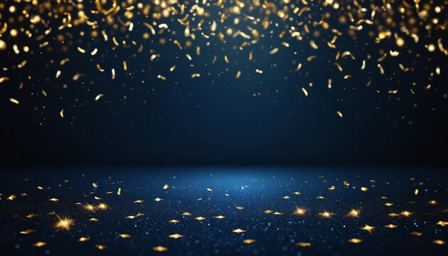 Fond bleu nuit avec paillettes dorées et confettis lumineux pour les fêtes, nouvel an, Noël, célébration, félicitations.