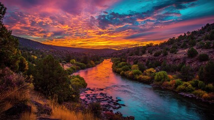 Naklejka premium Los Alamos New Mexico. Colorful Sunrise Over Rio Grande in the Land of Enchantment