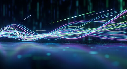 Abstract flowing light trails in vibrant neon colors on a dark background