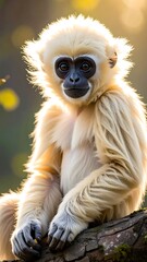 Obraz premium A small, light-colored primate with dark eyes, perched on a branch against a blurred, sunlit background. It is looking directly at the viewer